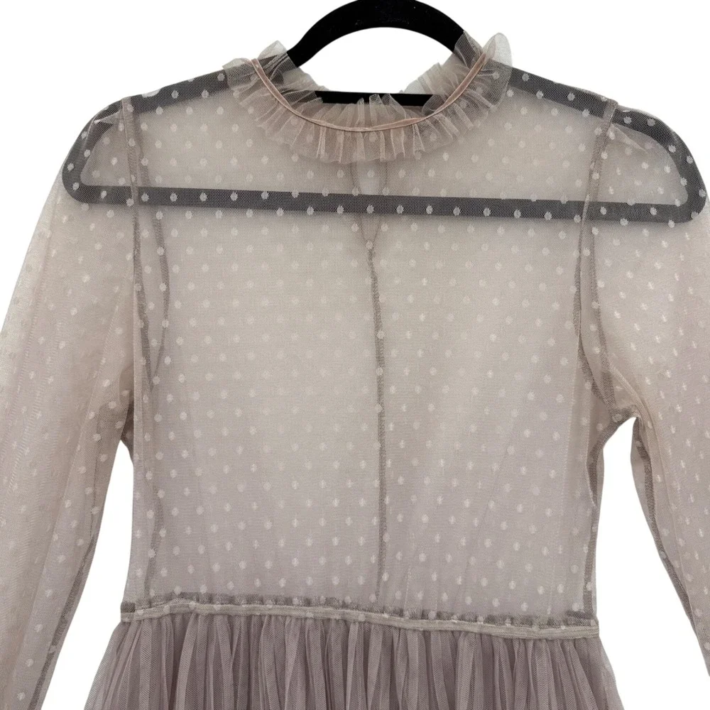 BooHoo Midi Long Sleeve Dress Tule Tiered Size 8‎ Tan Lace Sheer Romantic - Picture 8 of 13